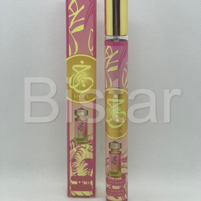 Frasco e embalagem de perfume com design rosa e amarelo