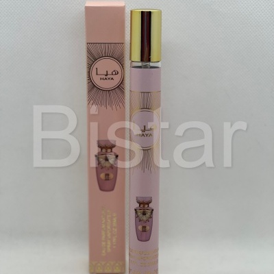 Frasco de perfume HAYA com embalagem rosa e detalhes dourados