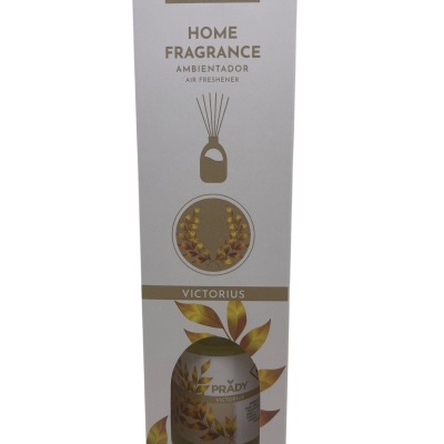 Ambientador para casa Prady Victorius com frasco de vidro e embalagem com ilustração de folhas douradas