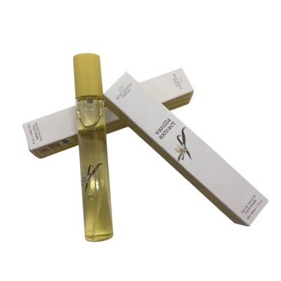 Frasco de perfume vanilla extract com caixa branca e tampa amarela