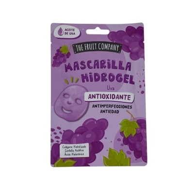 Máscara facial de hidrogel antioxidante de uva em embalagem roxa com ilustrações de uvas