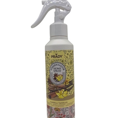 Frasco branco de spray ambientador com etiqueta amarela e detalhes florais
