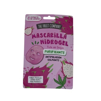 Máscara facial hydrogel com embalagem rosa e desenhos de fruta do dragão.
