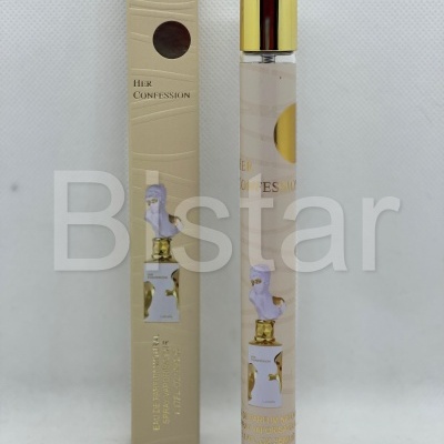 Frasco e embalagem de perfume Her Confession com tampa dourada e rótulo com imagem