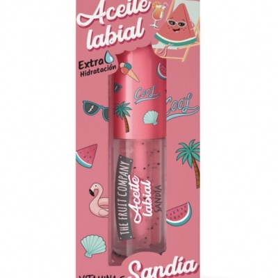 óleo labial THE FRUIT COMPANY embalagem rosa com ilustrações de melancia e praia