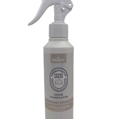 Frasco branco de spray ambientador PRADY Odor Eliminator para sala de estar