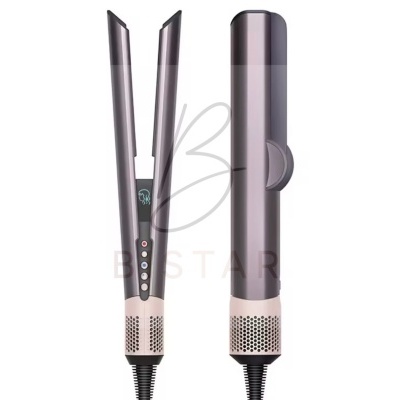 Alisador de cabelo elétrico roxo e bege com botões e indicador luminoso