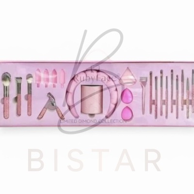 Conjunto de maquilhagem rosa com vários pincéis e acessórios em caixa transparente