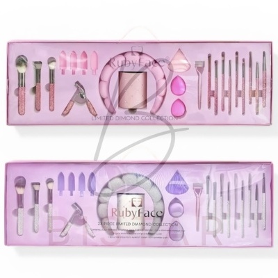 Set RubyFace de maquilhagem em caixa rosa com pincéis e acessórios
