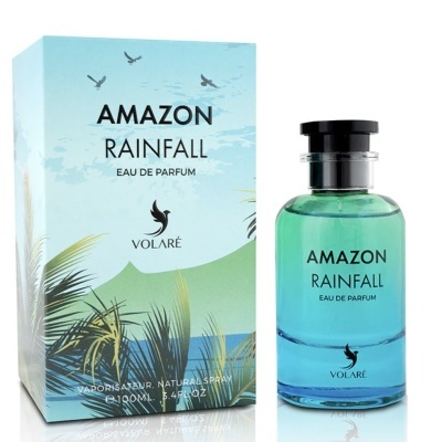 Frasco de perfume azul e caixa com design tropical e texto Amazon Rainfall