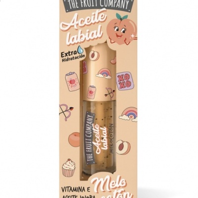 Embalagem de óleo labial THE FRUIT COMPANY com design pêssego e ilustrações divertidas.