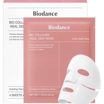 Embalagem rosa de máscara facial Biodance Bio Collagen Real Deep Mask com máscara facial branca em destaque