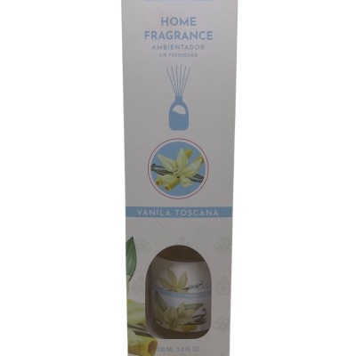Ambientador para casa Prady Vanila Toscana embalado em caixa branca e azul com ilustração de flor de baunilha.