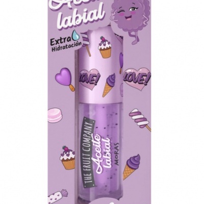 Óleo labial lilás com partículas em embalagem decorada lilás com desenhos coloridos