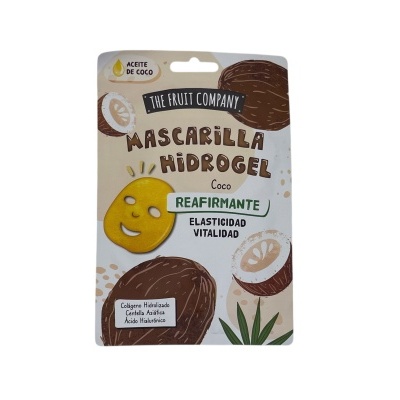 Embalagem de máscara facial hydrogel coco da The Fruit Company com ilustrações de coco e texto