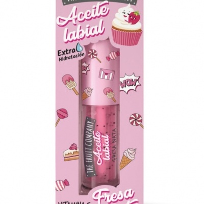 Embalagem rosa com aceite labial e ilustrações de doces e cupcake