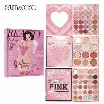 Paleta de maquilhagem Kevin&Coco com várias cores e embalagem rosa ilustrada