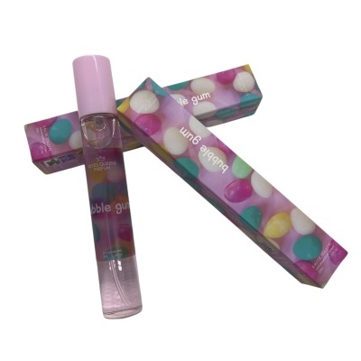 Frasco de perfume e embalagem colorida com design de bolas coloridas