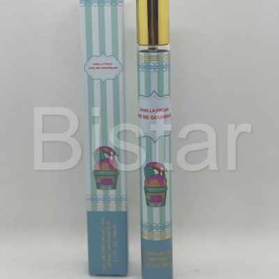 Frasco e caixa de perfume azul e branco com texto e ilustração