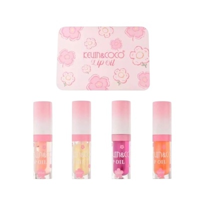 Conjunto de óleo labial KEVIN&COCO em frascos coloridos com embalagem rosa florida