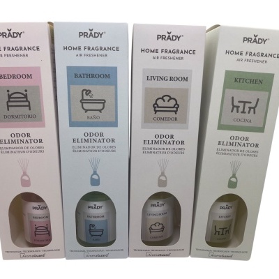 Embalagens de ambientadores PRADY HOME FRAGRANCE para diferentes divisões com cores distintas e ícones