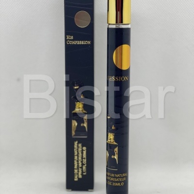 Frasco e embalagem preta e dourada de perfume spray HIS CONFESSION