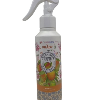Frasco branco de ambientador spray com rótulo floral e imagem de mangas