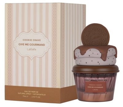 Embalagem e frasco de perfume design cupcake com bolacha e texto COOKIE CRAVE GIVE ME GOURMAND Lattafa