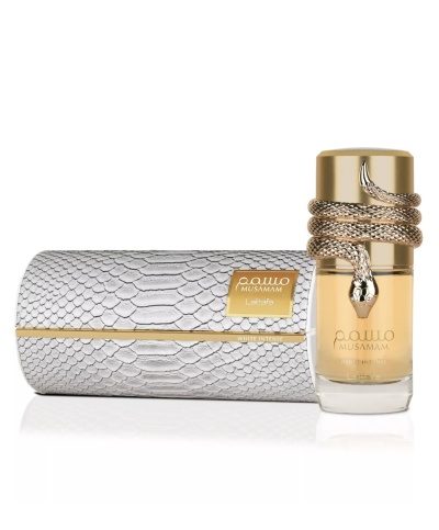 Perfume Lattafa Musamm White Intense com estojo branco texturizado