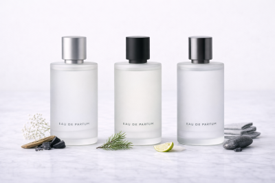 Três frascos de Eau de Parfum de vidro fosco com tampas metálicas, com elementos naturais ao redor.