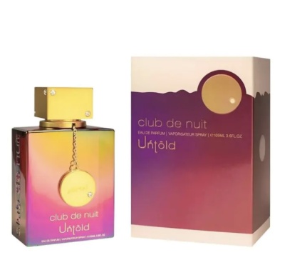 Frasco e caixa de perfume Club de nuit Untold com cores douradas, rosas e lilás