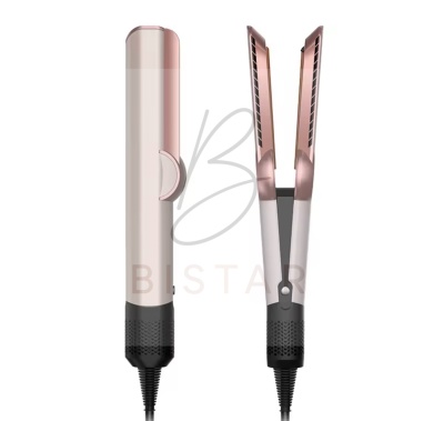 Prancha de cabelo cor-de-rosa com detalhes pretos e cabo preto