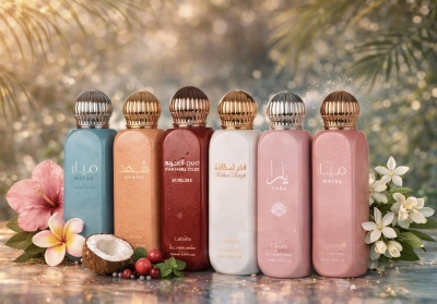 Frascos coloridos de spray corporal com tampas metálicas e texto em árabe e inglês, rodeados de flores e frutos tropicais.