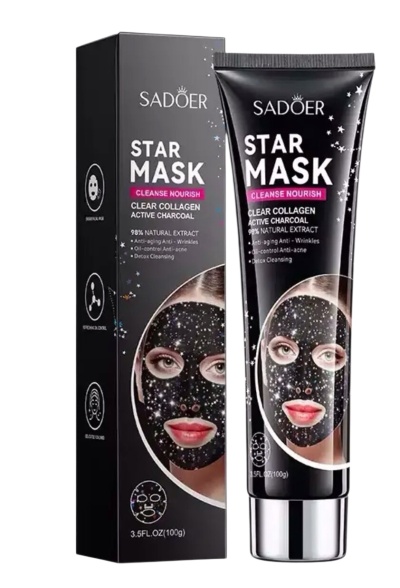 Máscara facial preta Star Mask de 100g em embalagem preta com texto branco e rosa