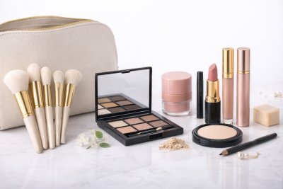 Conjunto de maquilhagem com pincéis, paleta de sombras, batom, eyeliner, pó compacto, gloss e esponja com nécessaire bege.