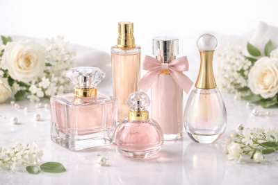 Frascos de perfume em vidro com líquidos cor-de-rosa e transparentes, com tampas douradas e prateadas, em superfície branca com flores e pérolas.