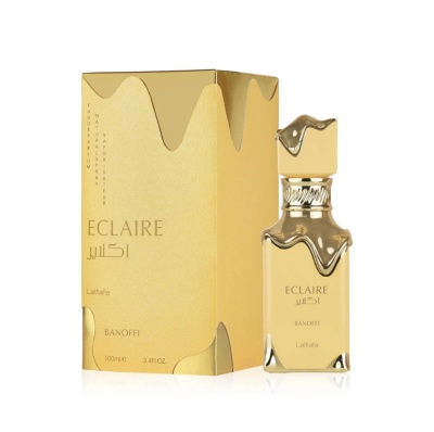 Frasco e caixa dourados de perfume ECLAIRE Banoffi Lattafa.