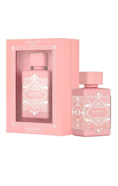 Perfume BADEE AL OUD Lattafa frasco e caixa rosa claro decorados geometricamente