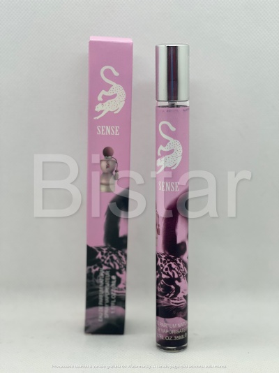 Frasco e caixa cor-de-rosa de perfume Sense com imagens de leopardos