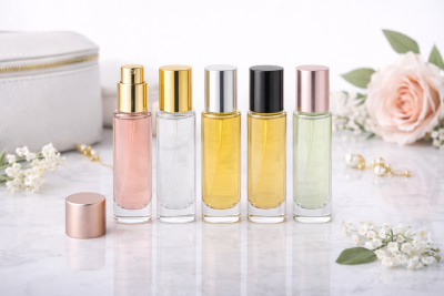 Frascos de vidro coloridos alinhados em superfície branca com flores e estojo ao fundo