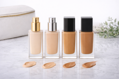 Quatro frascos de base de maquilhagem com tampas metálicas e pretas em diversos tons, sobre mesa branca com bolsa de maquilhagem ao fundo