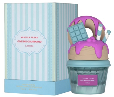 Frasco e caixa de perfume com design de cupcake e cores azul e rosa