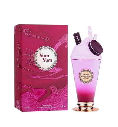 Perfume Yum Yum em frasco decorativo rosa e roxo com embalagem correspondente