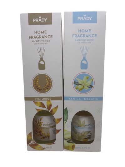 Caixas de ambientadores PRADY Home Fragrance Victorius e Vanila Toscana com garrafas visíveis