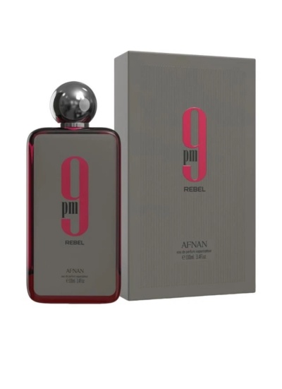 Frasco e caixa de perfume 9 pm REBEL AFNAN cinza e vermelho