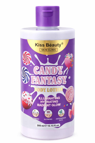 Frasco de loção corporal roxo Kiss Beauty com imagens de doces