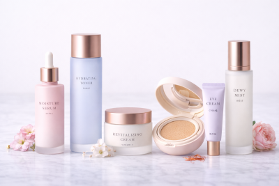 Produtos cosméticos Moisture Serum, Hydrating Toner, Revitalizing Cream, Eye Cream e Dewy Mist sobre superfície branca