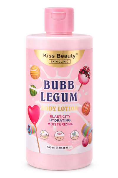 Frasco rosa de plástico de loção corporal Kiss Beauty com ilustrações de doces