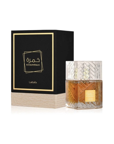 Frasco de perfume Khamrah Lattafa com caixa preta e base em madeira