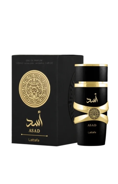 Perfume Lattafa ASAD em caixa e frasco preto com detalhes dourados